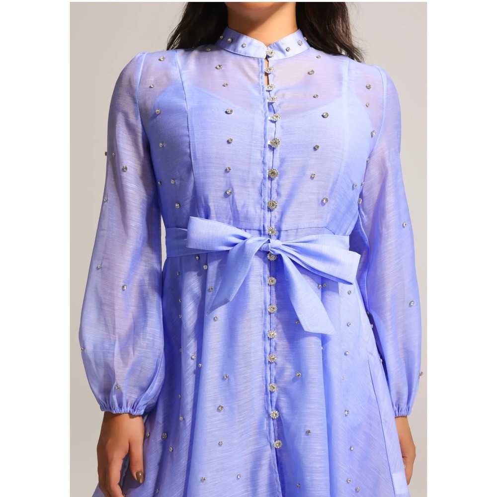 Bella Barnett Purple Embellished Button Down Long Sleeve NWT Belted Dress Size L - Picture 3 of 9